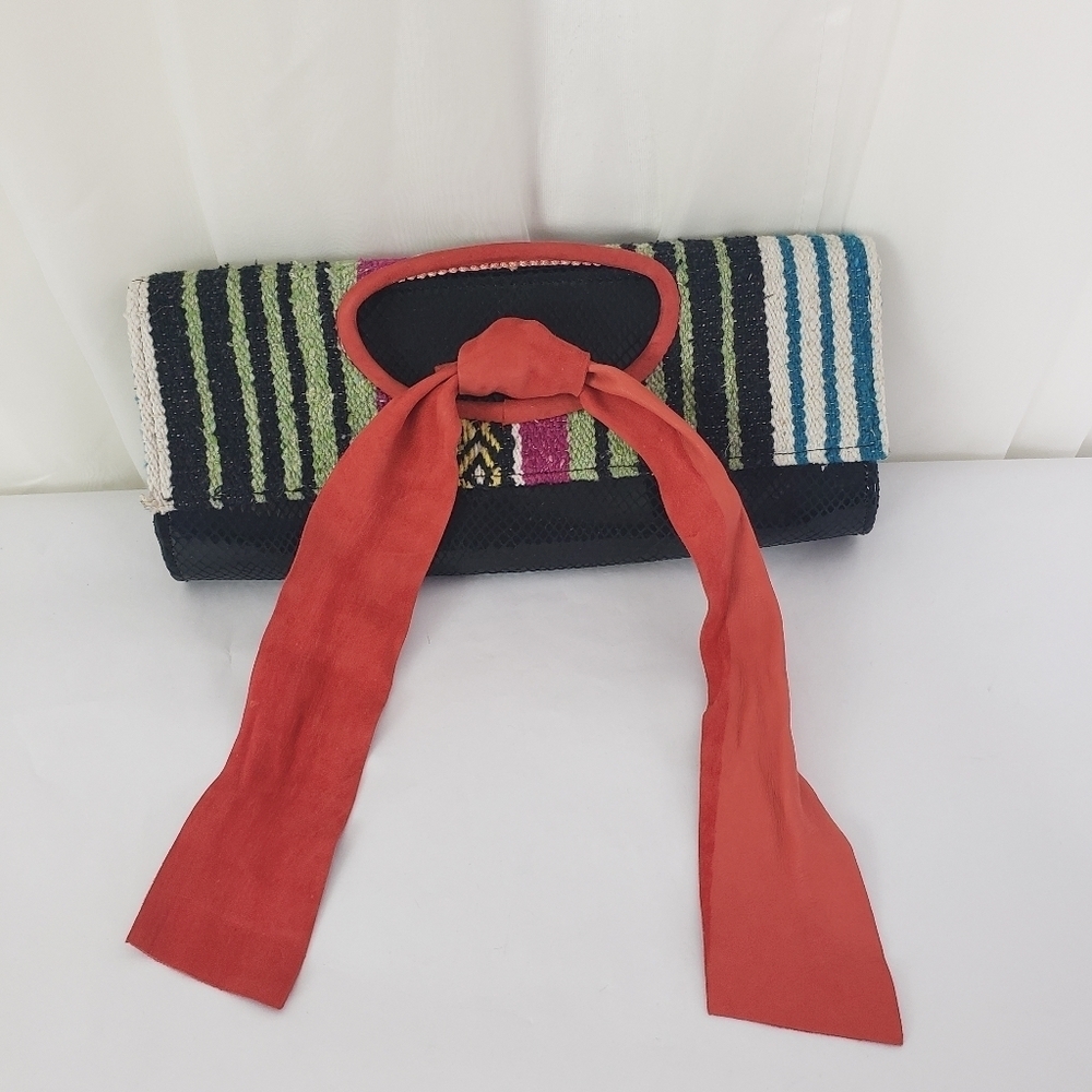 Benito Jeans leather colorful stripe woven clutch bow boho